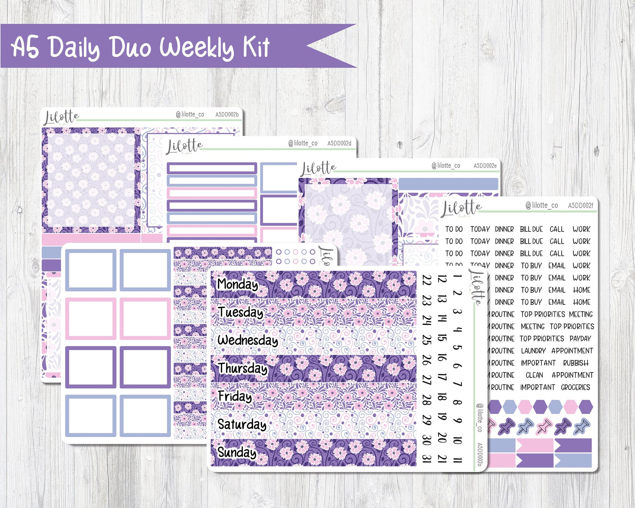 A5 Daily Duo Purple Flower Weekly Kit