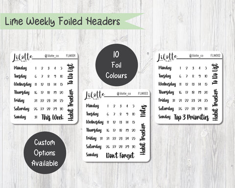 Foiled Headers & Date Dots for Lime Weekly Kits